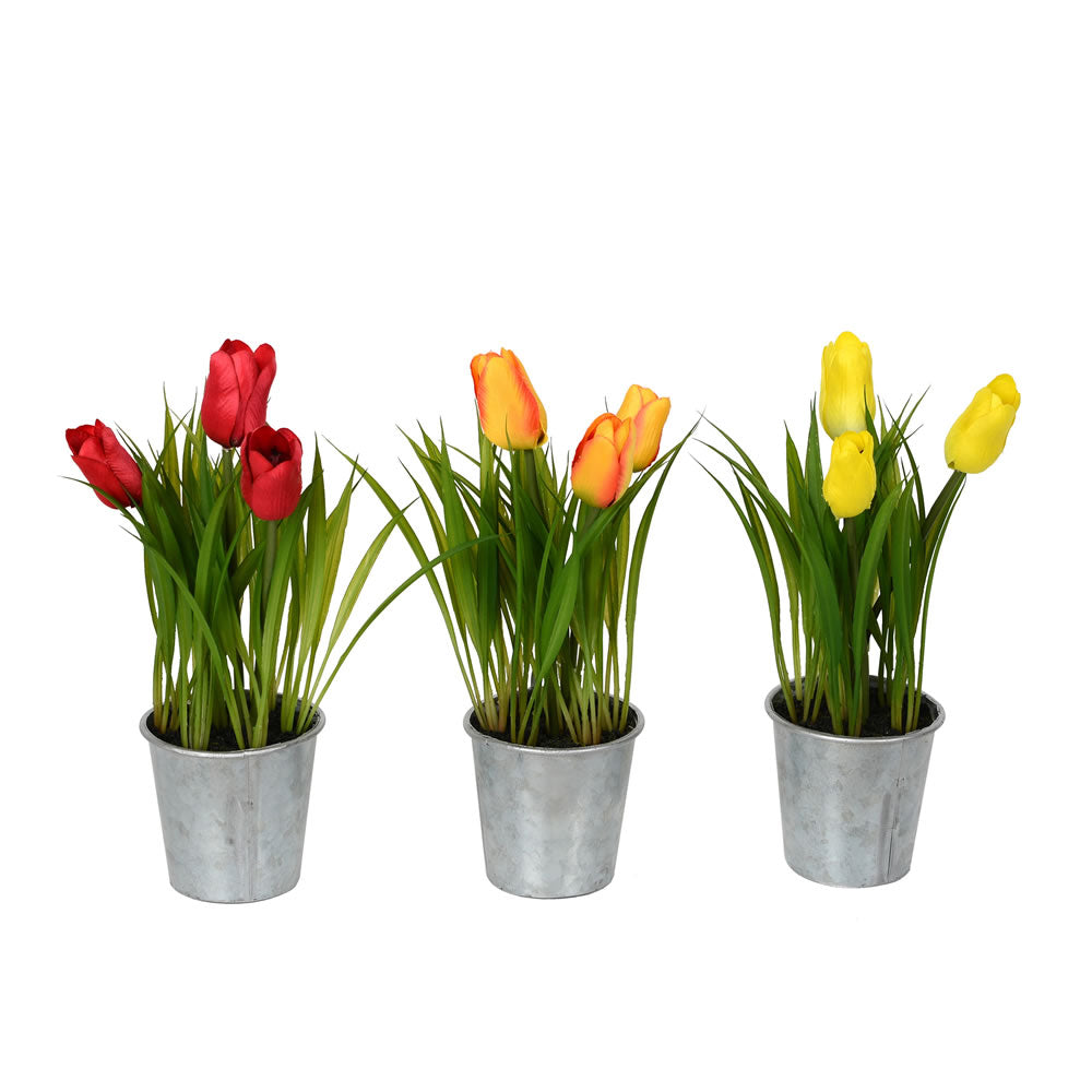 Vickerman 9.5" Artificial Assorted Set of Tulips in Metal Pot.