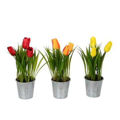 Vickerman 9.5" Artificial Assorted Set of Tulips in Metal Pot.