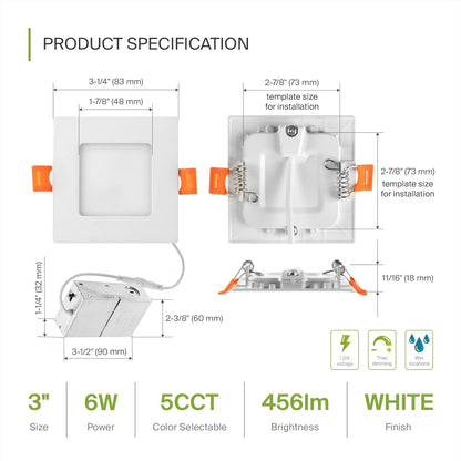 ASD Lighting LED Recessed Mini Panel Square 3inch 6W 120V Triac 2700/3000/3500/4000/5000K White UL Energy Star 6 pack