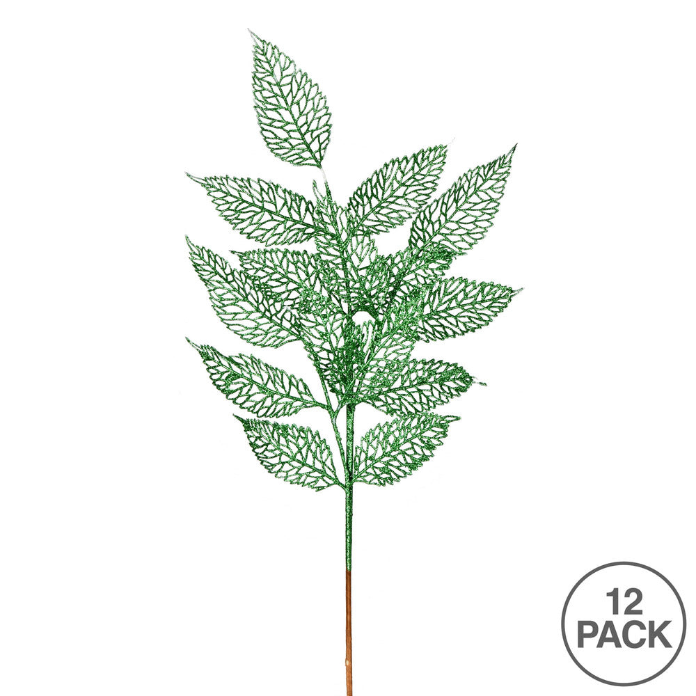 Vickerman 27" Green Glitter Bay Leaf Lace Artificial Christmas Spray. Includes 12 sprays per pack.