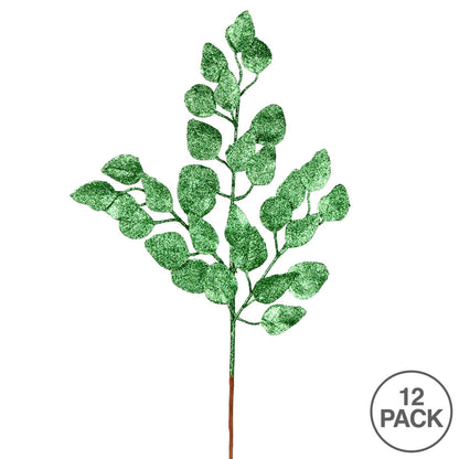 Vickerman 21" Green Glitter Ash Leaf Artificial Christmas Spray. Includes 12 sprays per pack.