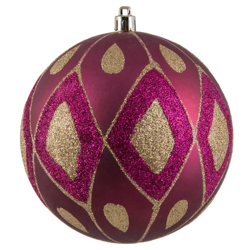 Vickerman 4.75" Berry Red Matte Ball with Glitter Diamond Pattern. Add variety and sparkle to your holiday arrangement with this matte ornament that features a glitter pattern. Includes 4 pieces per bag. Made with shatterproof plastic. Ornament has a dril