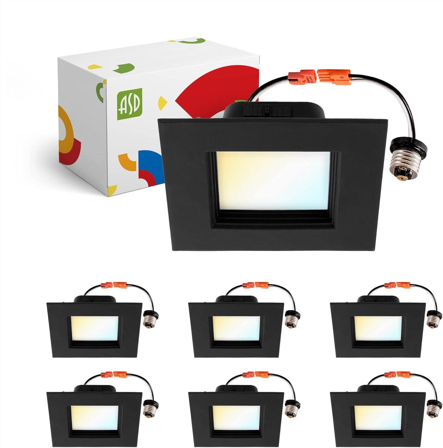 ASD Lighting LED Square Downlight Retrofit Kit 6" 12W 120V CCT Selectable 2700/3000/3500/4000/5000K Dimmable PC, Baffle Trim, Black UL 6pack