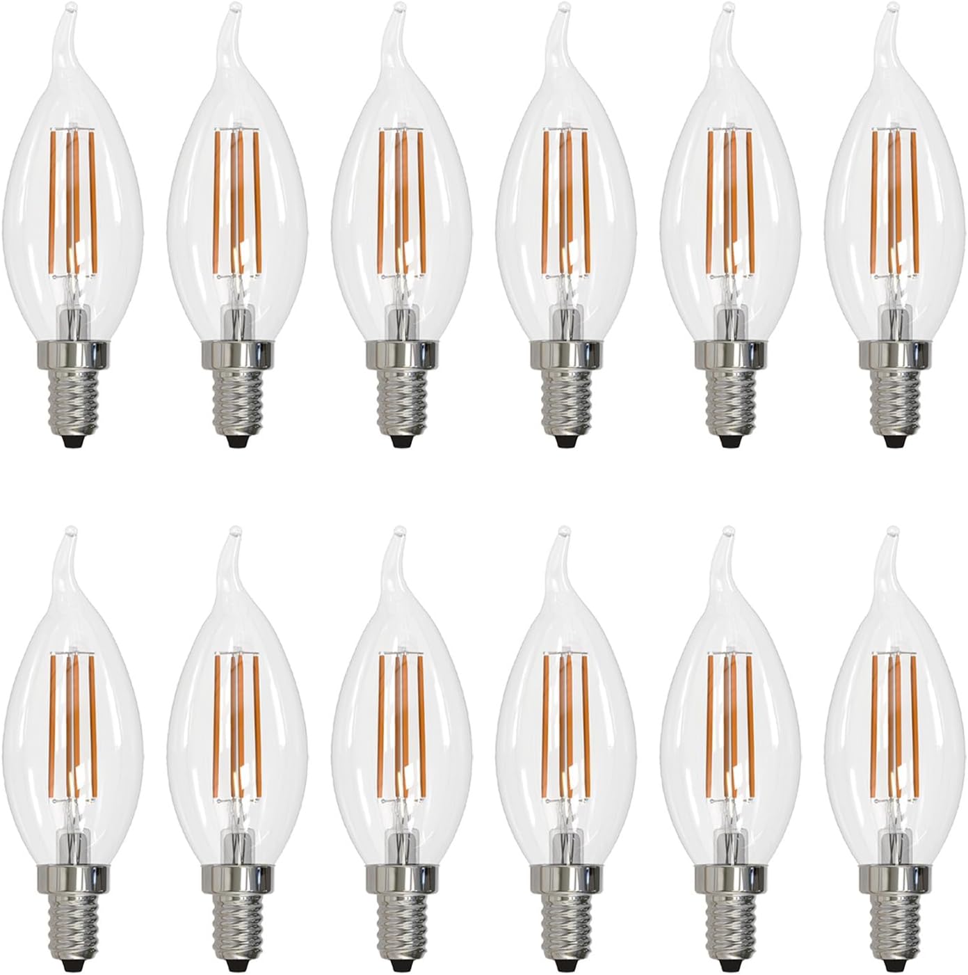 Sunlite LED Filament CA11 Flame Tip Chandelier Light Bulb, 5.5 Watts (60W=), 600 Lumens, Candelabra Base (E12), Edison Style, 90 CRI, Dimmable, UL Listed, 3000K Warm White, 12 Count