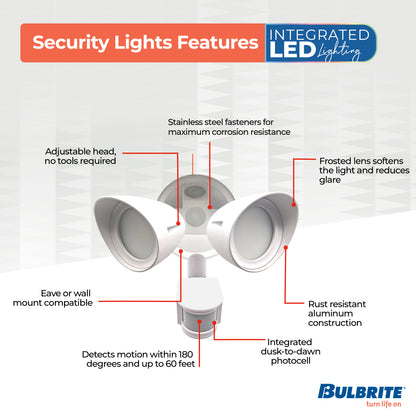 Bulbrite 773702 Motion Sensor / Dusk-To-Dawn Wired Outdoor 2-Head LED Security Flood Light, White