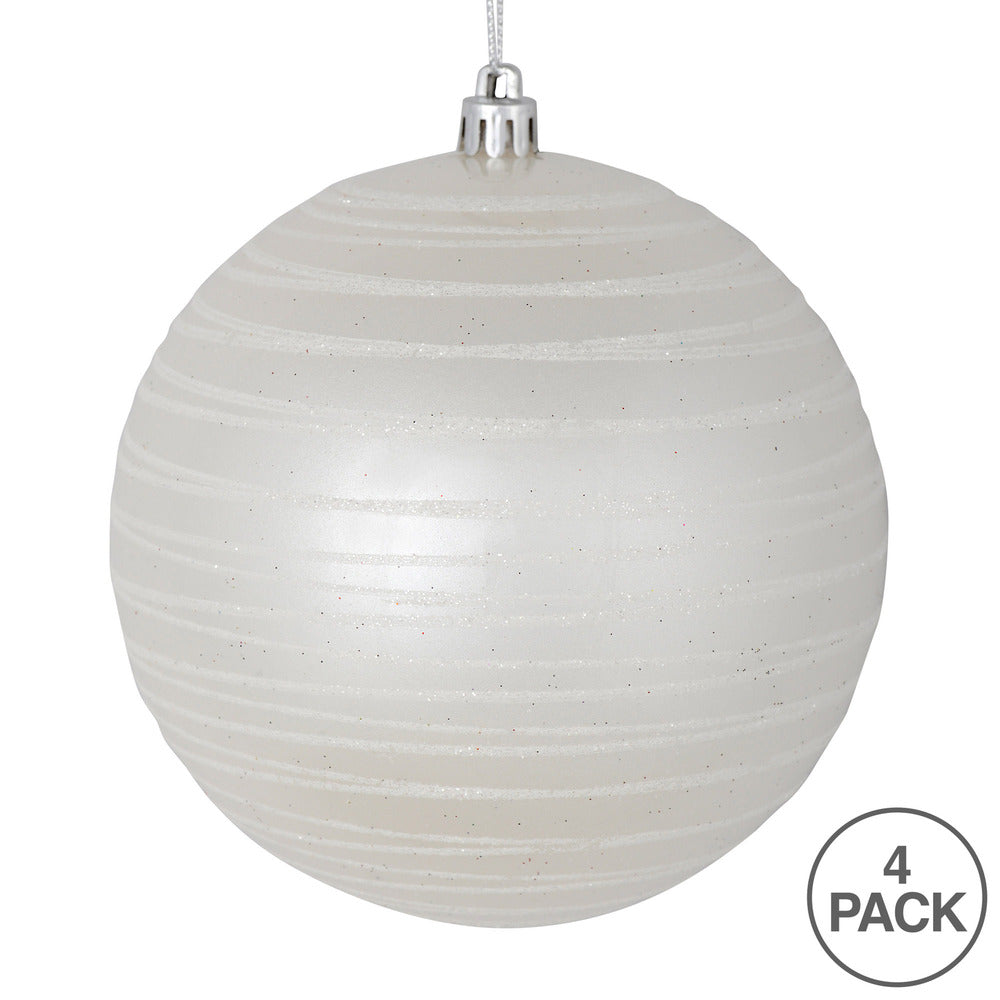 Vickerman 4" White Candy Finish Ball Ornament with Glitter Lines 4 per Bag