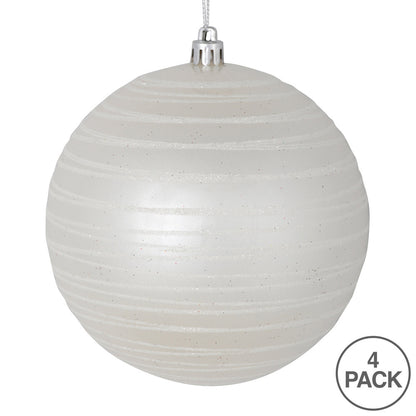 Vickerman 4" White Candy Finish Ball Ornament with Glitter Lines 4 per Bag