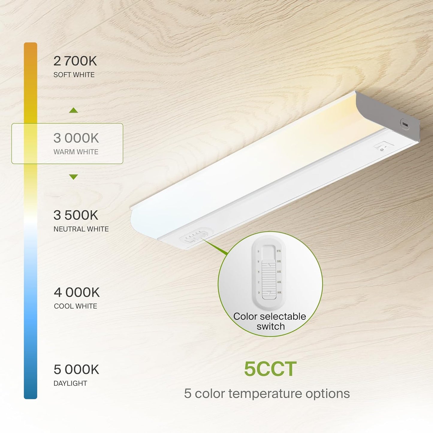 ASD Lighting LED Under Cabinet Bullnose 18" 10W 120V Dimmable CCT Selectable 2700/3000/3500/4000/5000K Hardwired, On/Off Switch, White UL 2pack