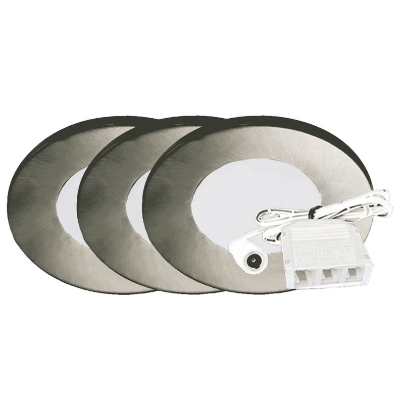 Westgate 12V 3-Pack Kit Slim Puck Light, ETL, 5000K, Brushed Nickel, Undercabinet Lighting, 2W, 120 Lumens, 5000K, Brushed Nickel Finish, TRIAC Dimming
