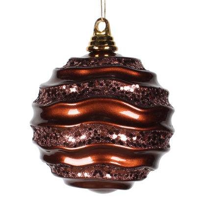 Vickerman 8" Chocolate Stripe Candy Finish Wave Ball Christmas Ornament with Glitter Accents