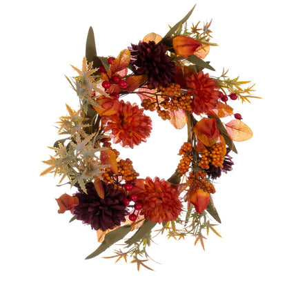 Vickerman 14" Orange and Burgundy Artificial Mixed Mum Chinese Lantern and Berry Wreath Candle Ring.