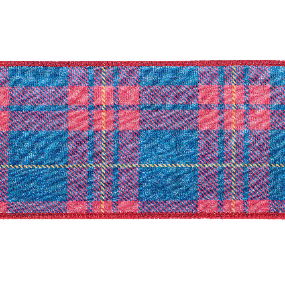 Vickerman 4" x 10 Yards Blue/Red Plaid Wired Edge Christmas Ribbon.