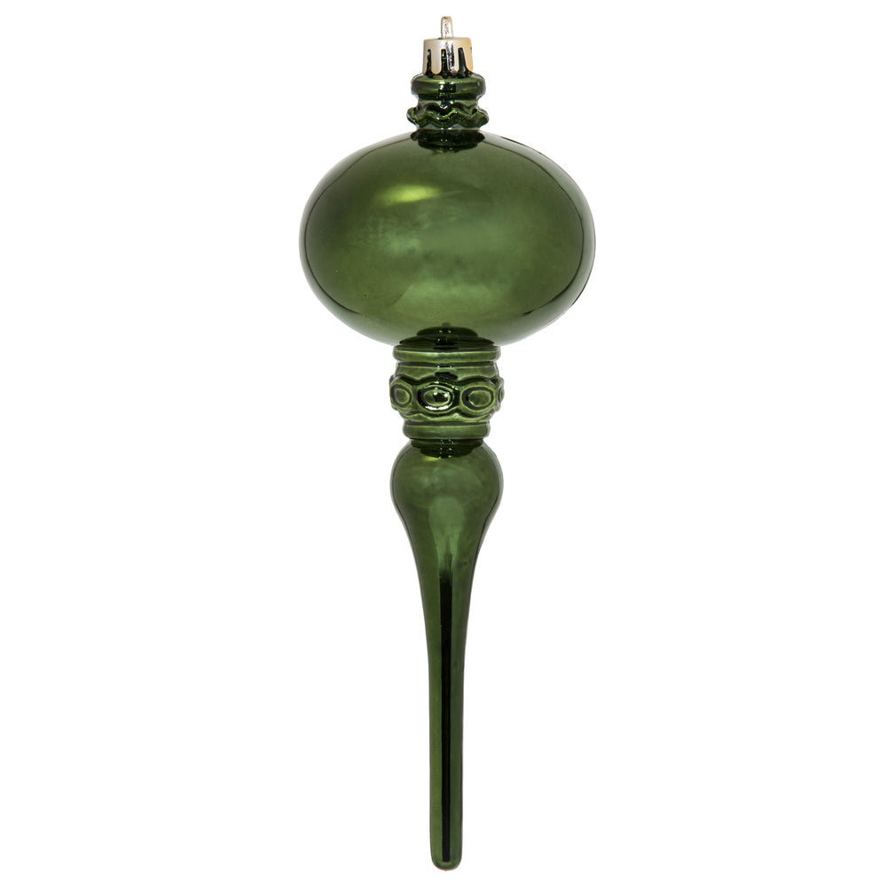 Vickerman 8" x 2.75" Moss Green Shiny Finial Ornament with drilled and wired caps. Comes 3 per Bag.