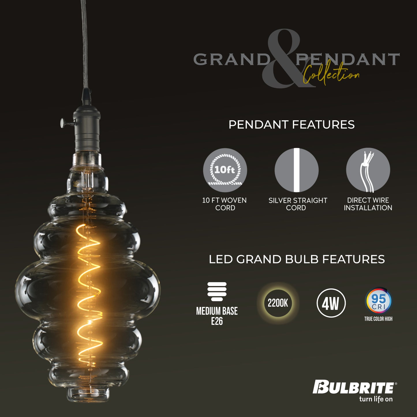 BULBRITE FIXTURES DIRECT WIRE PENDANT KIT VINTAGE GUNMETAL SOCKET WITH SILVER CORD AND LED BEEHIVE SHAPED MEDIUM SCREW (E26) 4W DIMMABLE GRAND NOSTALGIC FILAMENT LIGHT BULB 2200K/AMBER 60W INCANDESCENT EQUIVALENT 1PK (810082)