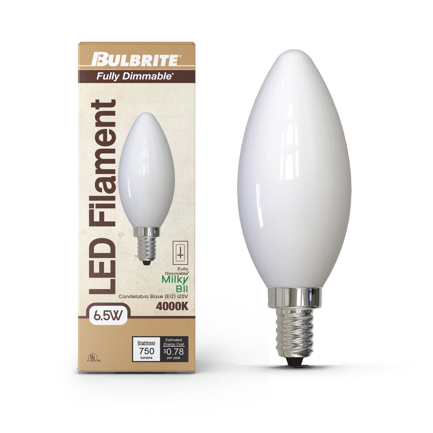 Bulbrite 776968 6W LED B11 4000K FILAMENT MILKY E12 FULLY COMPATIBLE DIMMING