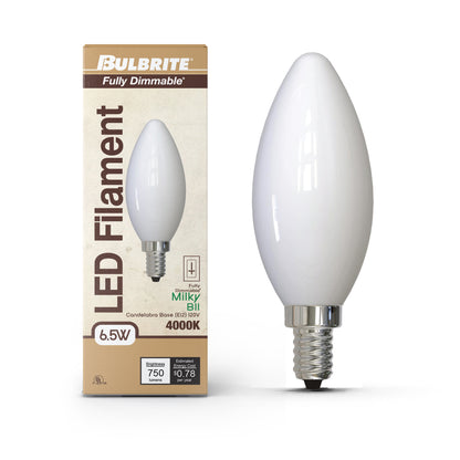 Bulbrite 776968 6W LED B11 4000K FILAMENT MILKY E12 FULLY COMPATIBLE DIMMING