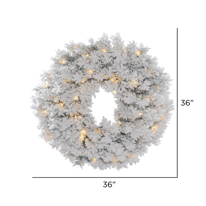 Vickerman 36" Flocked Alaskan Artificial Christmas Wreath Pure White Single Mold LED Mini Lights