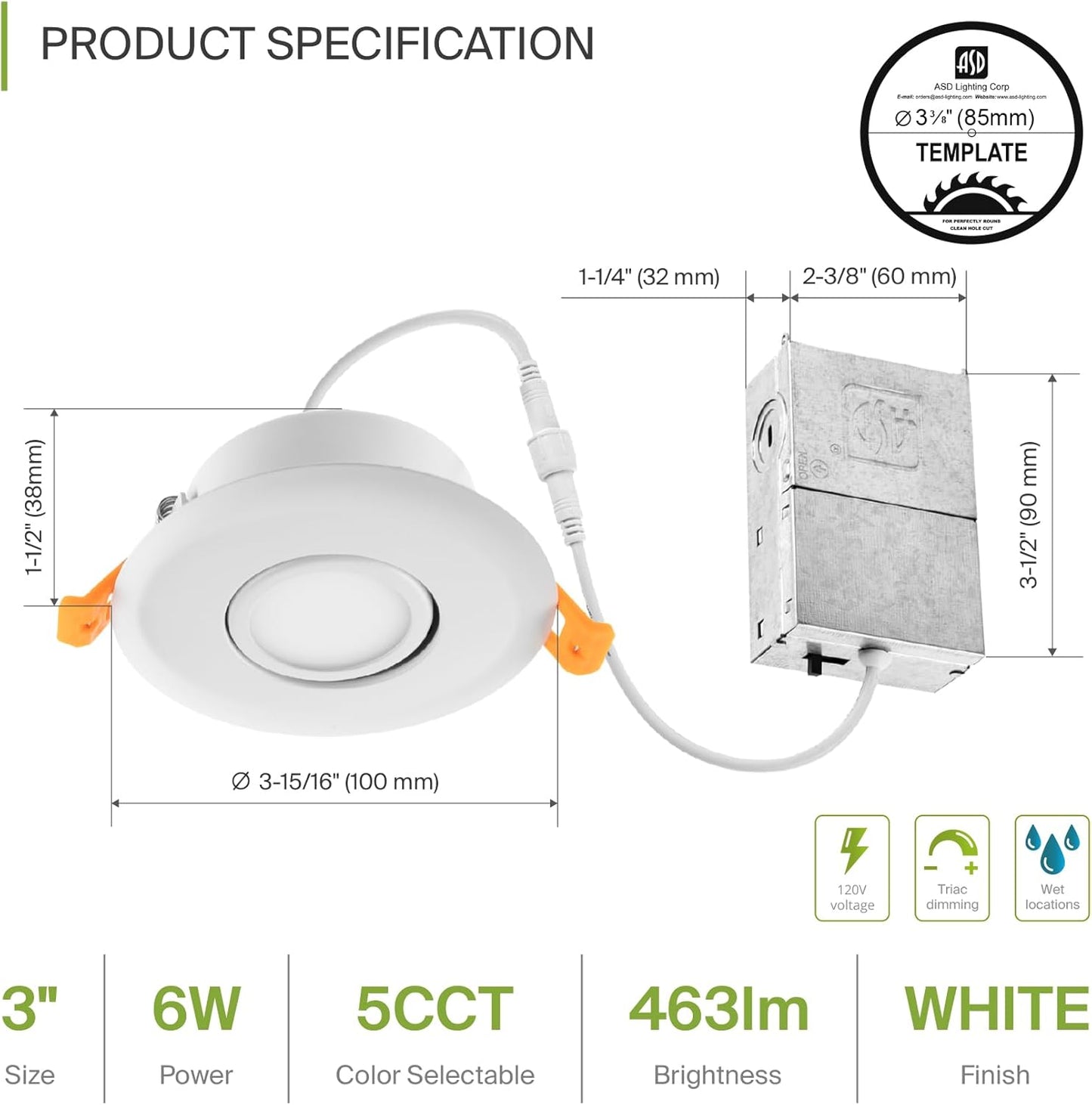 ASD Lighting LED Round Recessed Mini Panel Gimbal Airtight 3" 6W 120V Dimmable CCT Selectable 2700/3000/3500/4000/5000K White UL 6pack