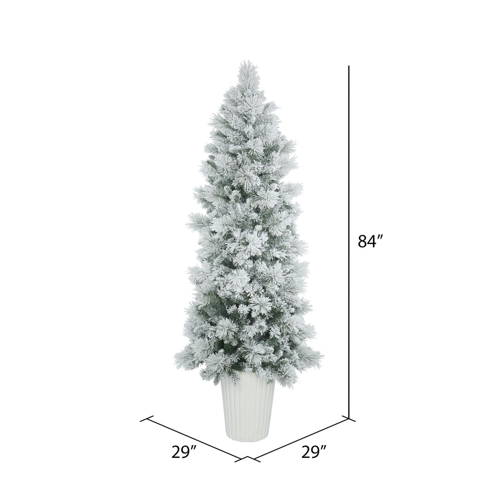 Vickerman 7' Potted Flocked Castle Pine Artificial Christmas Tree Unlit