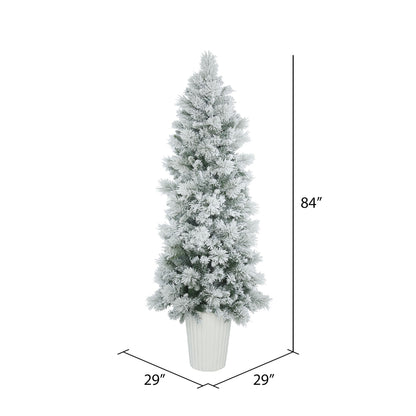 Vickerman 7' Potted Flocked Castle Pine Artificial Christmas Tree Unlit