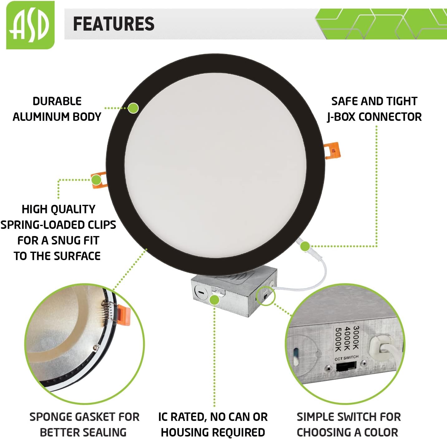 ASD Lighting LED Round Recessed Mini Panel 12" 24W Dimmable CCT Selectable 3000/4000/5000K Oil Rubbed Bronze cETLus