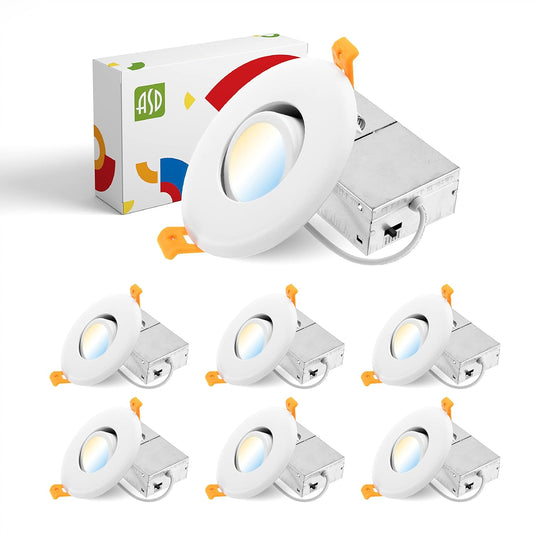 ASD Lighting LED Round Recessed Mini Panel Gimbal 3" 6W 120V Dimmable CCT Selectable 2700/3000/3500/4000/5000K White UL Energy Star 6pack