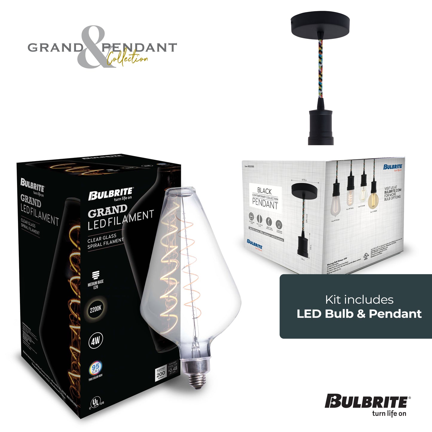 Bulbrite LED Grand Bulb and Pendant Kit of (1) 4 Watt Clear Glass 15" Diamond Shaped Bulb and (1) Black Open Socket Pendant on Multicolor Fabric Braided Cord - 2200K (Amber Light)