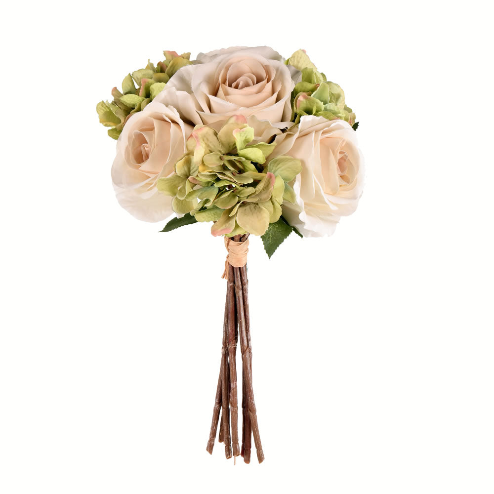 Vickerman 13" Artificial Green Ivory Rose Hydrangea Bouquet Pack of 2