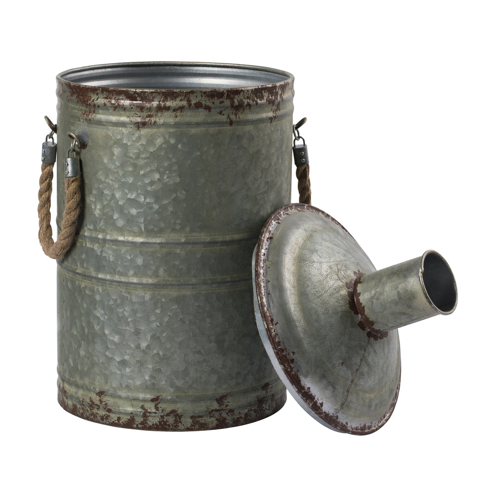Vickerman 19.5" Rustic Metal Container with Handles. This metal container is the perfect addition to any modern farm style decor. This rustic piece is the perfect addition to any table top setting. It measures 10.5" L x 11" W x 19.5" H.   90% METAL 10% JU
