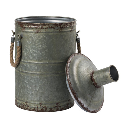 Vickerman 19.5" Rustic Metal Container with Handles. This metal container is the perfect addition to any modern farm style decor. This rustic piece is the perfect addition to any table top setting. It measures 10.5" L x 11" W x 19.5" H.   90% METAL 10% JU