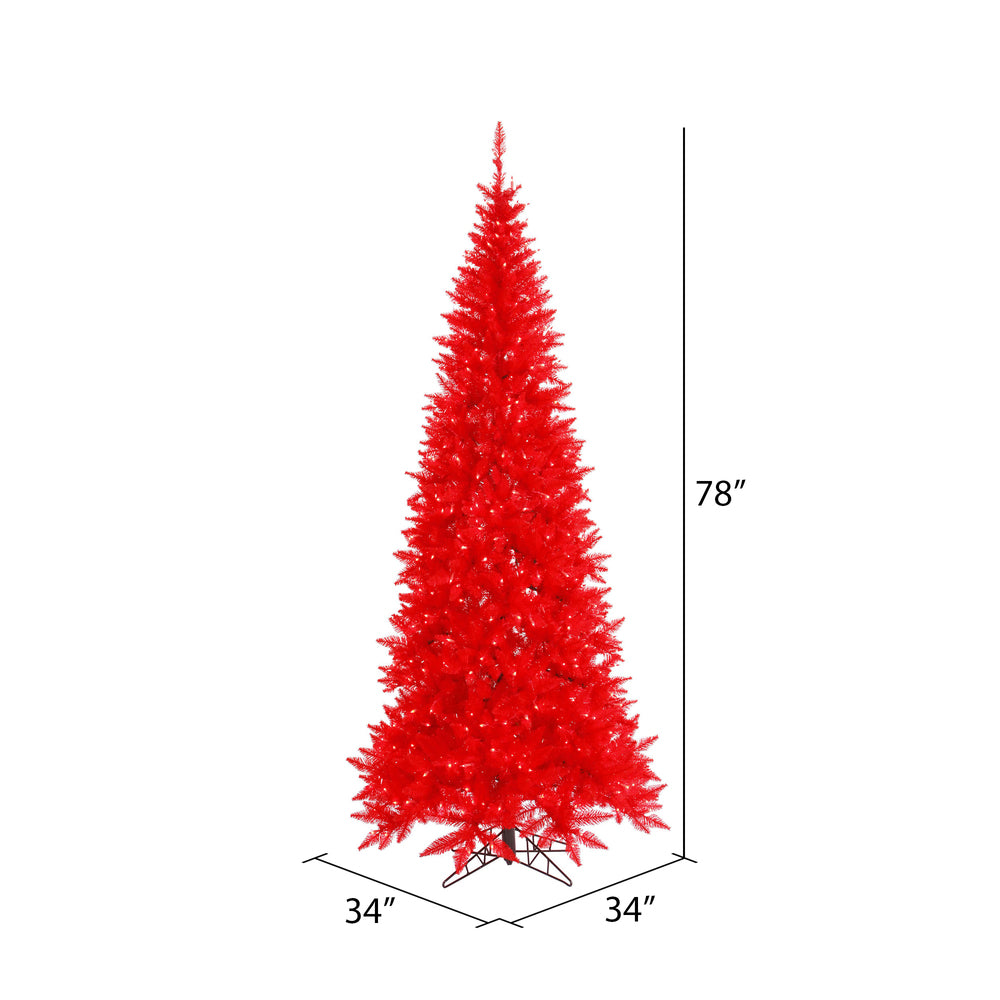 Vickerman 6.5' Red Fir Slim Artificial Christmas Tree Red Dura-lit LED Lights