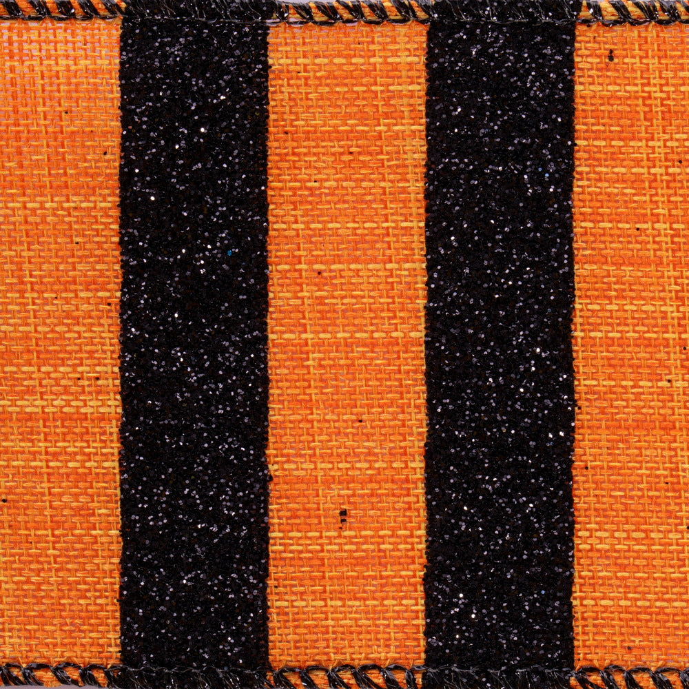 Vickerman 2.5" x 10 Yards Orange and Black Glitter Stripe Ribbon.