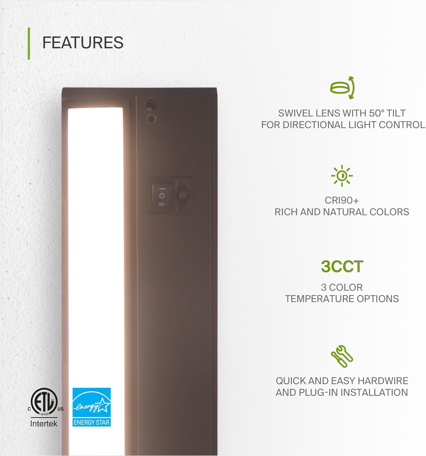 ASD Lighting LED Under Cabinet Swivel 12" 5W 120V Dimmable CCT Selectable 2700/3000/4000K Hardwired or Plug-in, Linkable, Hi/Low Switch, Oil Rubbed Bronze UL