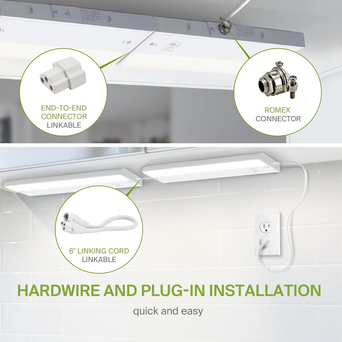 ASD Lighting LED Under Cabinet Linear 12" 5W 120V Dimmable CCT Selectable 2700/3000/4000K Hardwired or Plug-in, Linkable, Hi/Low Switch, White UL