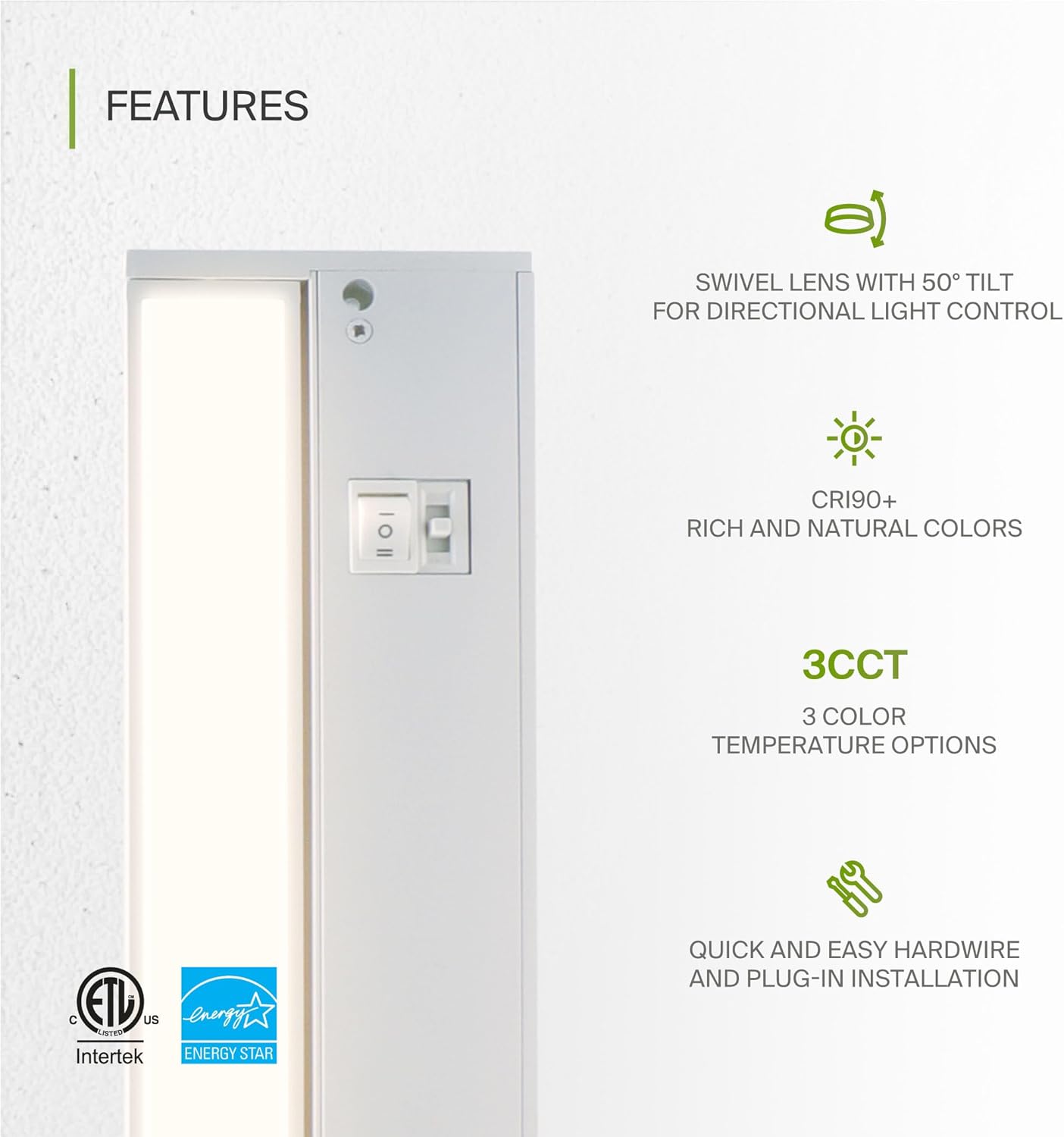 ASD Lighting LED Under Cabinet Swivel 18" 8W 120V Dimmable CCT Selectable 2700/3000/4000K Hardwired or Plug-in, Linkable, Hi/Low Switch, White UL