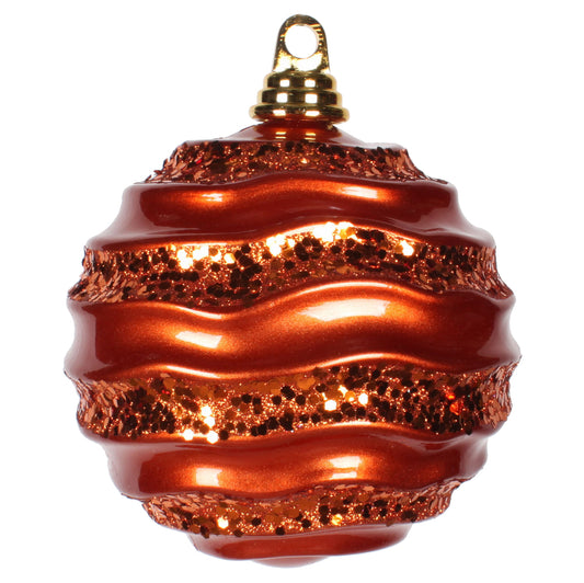 Vickerman 6" Orange Stripe Candy Finish Wave Ball Christmas Ornament with Glitter Accents