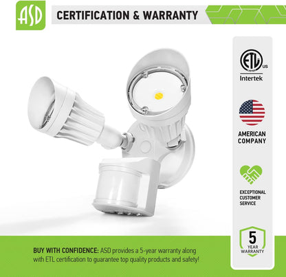 ASD Lighting LED Security Floodlight 2 round heads 20W 120-277V CCT Selectable 3000/4000/5000K with 180° Motion Sensor and Photocell White ETL