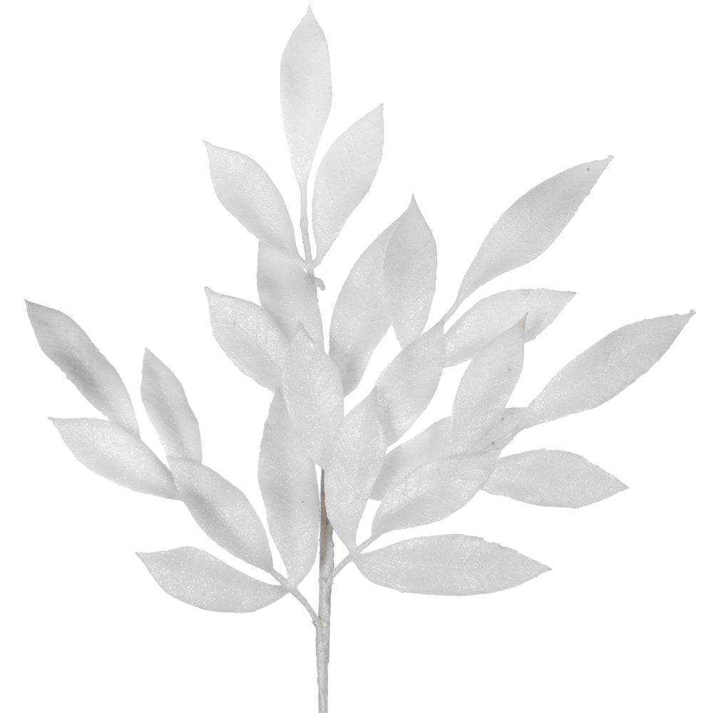 Vickerman 22" White Glitter BayLeaf Artificial Christmas Spray. Includes 12 sprays per pack.