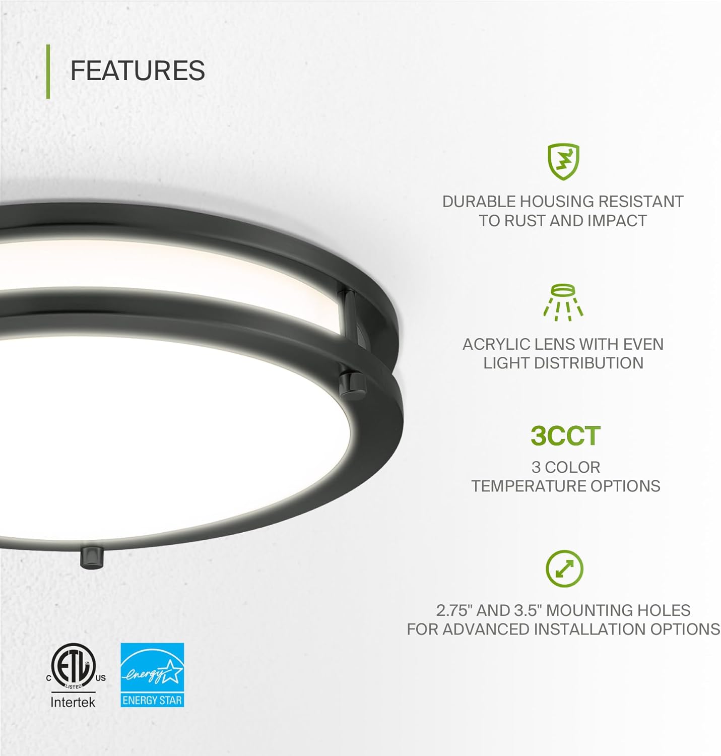 ASD LED Double Ring Flushmount 12" 20W 120V CCT Selectable 3000/4000/5000K Dimmable Black ETL Energy Star