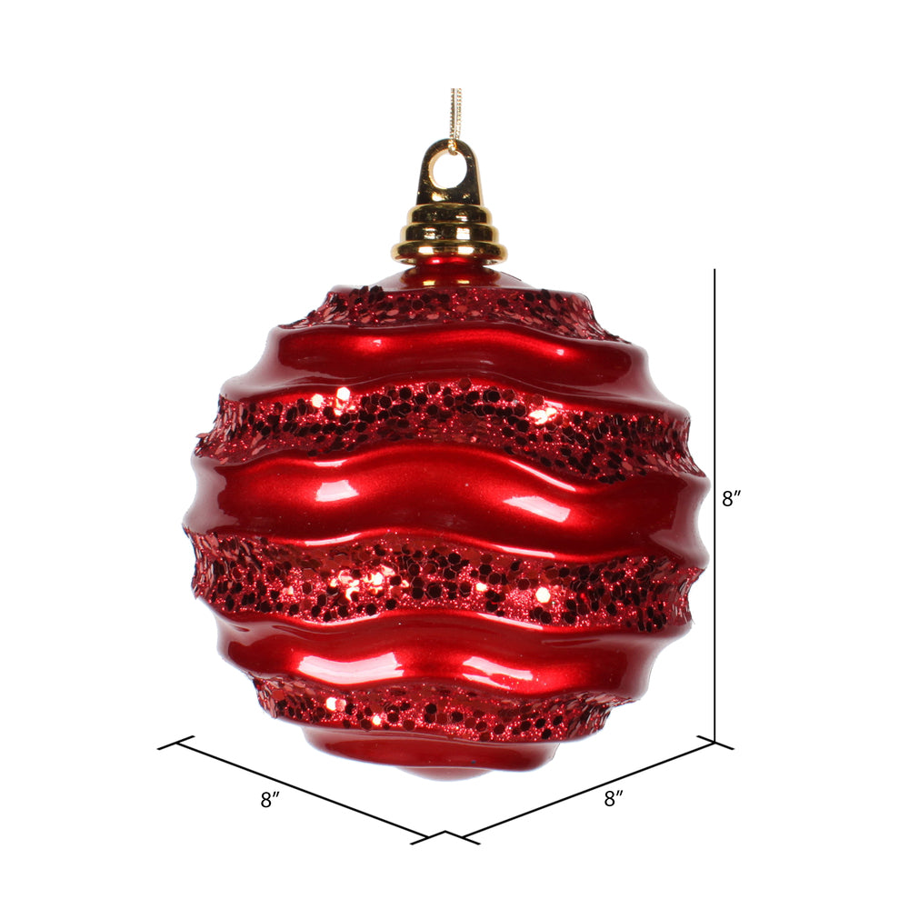 Vickerman 8' Red Stripe Candy Finish Wave Ball Christmas Ornament with Glitter Accents