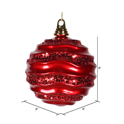 Vickerman 8' Red Stripe Candy Finish Wave Ball Christmas Ornament with Glitter Accents