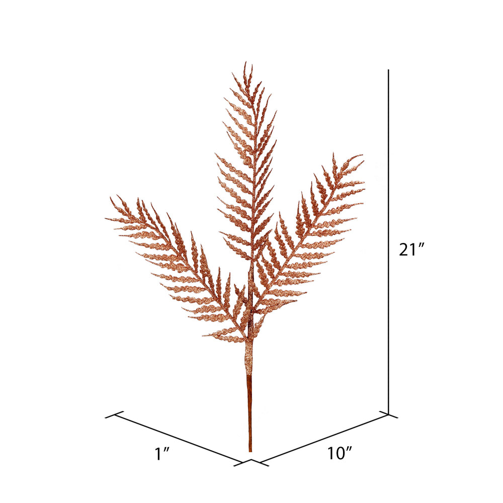 Vickerman 21" Rose Gold Glitter Feather Fern Artificial Christmas Spray. Includes 12 sprays per pack.