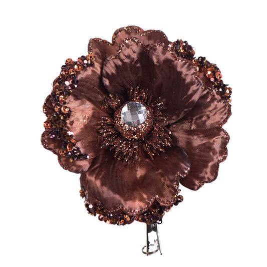 Vickerman 5" Artificial Chocolate Polyester Wild Poppy Head Chocolate with Sequin Glitter and Clip pack of 3