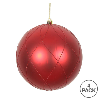 Vickerman 4" Red Matte and Glitter Swirl Ball Ornament 4 per Box