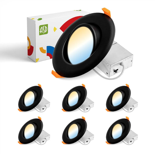 ASD Lighting LED Round Recessed Mini Panel Gimbal Airtight 4" 12W 120V Dimmable CCT Selectable 2700/3000/3500/4000/5000K Black UL 6pack