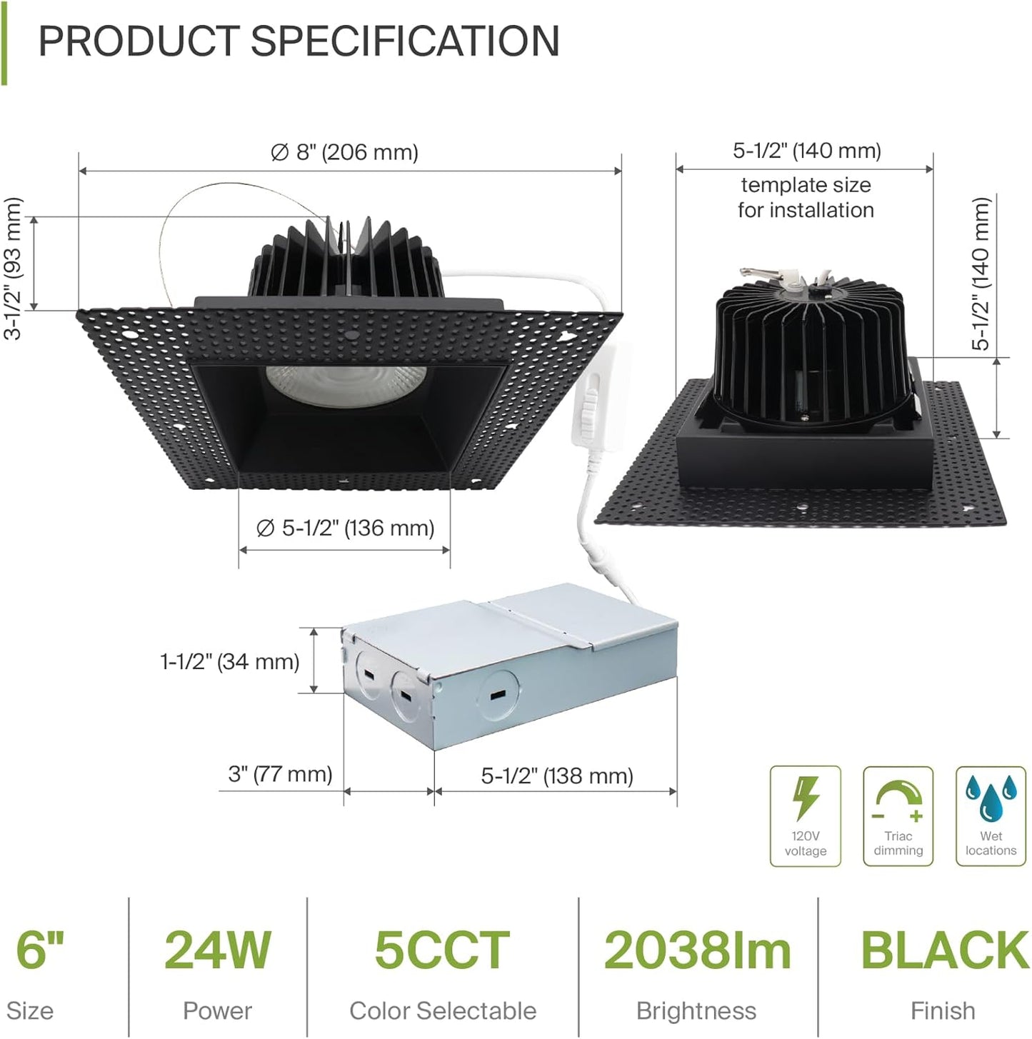 ASD Lighting LED Trimless Downlight Square 6inch 24W 120V Triac 2700/3000/3500/4000/5000K Black ETL