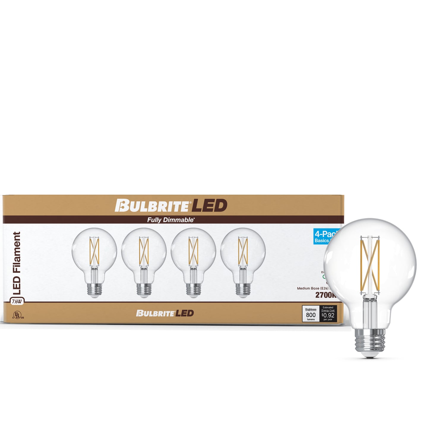 Bulbrite 776239 LED Filament Pack of 4, 7.6 Watt Dimmable G25 Light Bulb with Clear Finish and Medium Screw E26 Base - 2700K(Warm White Light), 800 lumens