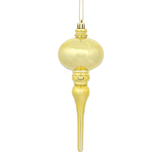 Vickerman 8" x 2.75" Gold Shiny Finial Ornament with drilled and wired caps. Comes 3 per Bag.