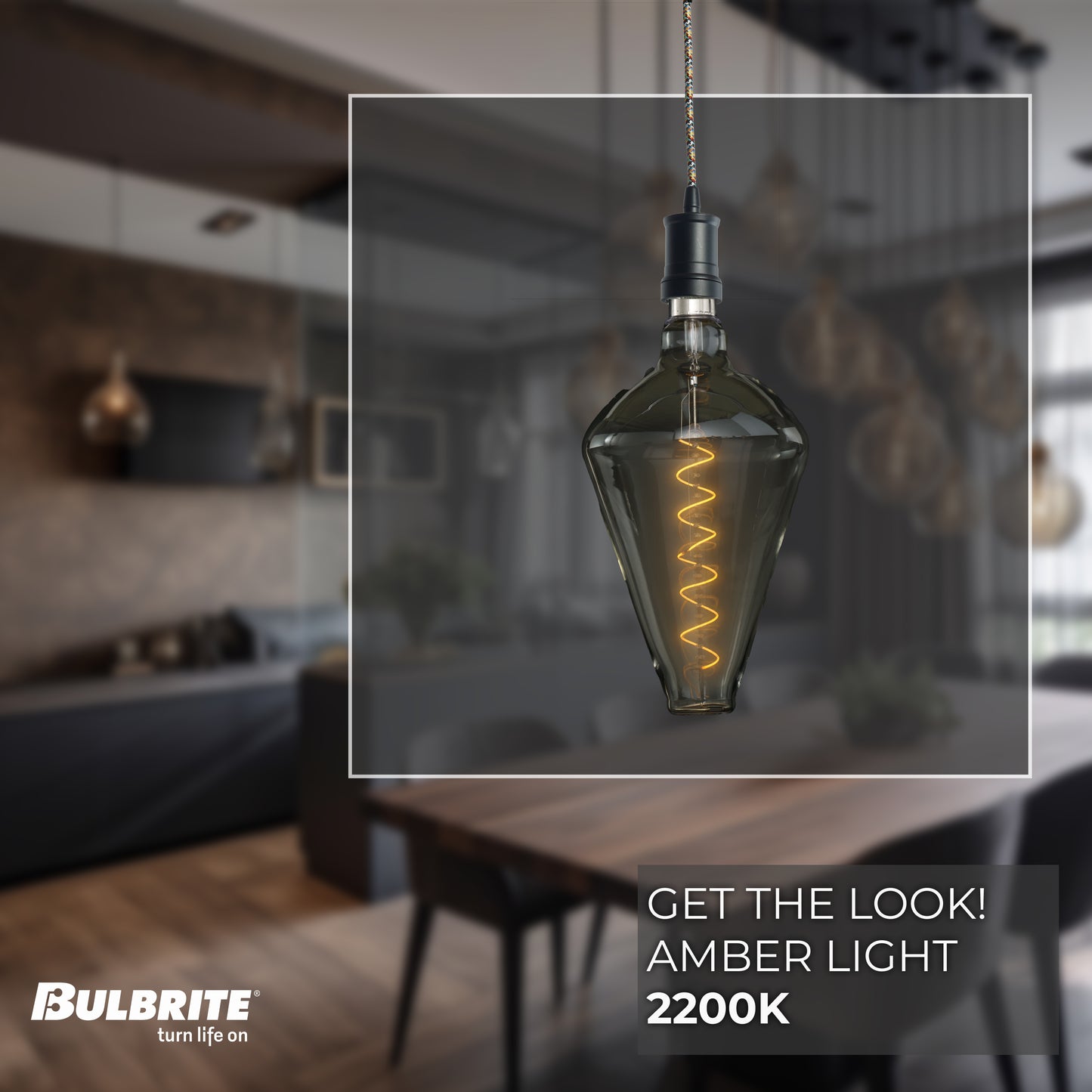 Bulbrite LED Grand Bulb and Pendant Kit of (1) 4 Watt Clear Glass 15" Diamond Shaped Bulb and (1) Black Open Socket Pendant on Multicolor Fabric Braided Cord - 2200K (Amber Light)