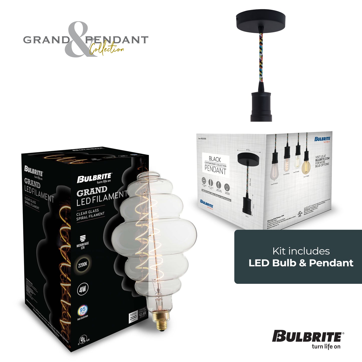 Bulbrite LED Grand Bulb and Pendant Kit of (1) 4 Watt Clear Glass 15" Beehive Shaped Bulb and (1) Black Open Socket Pendant on Multicolor Fabric Braided Cord - 2200K (Amber Light)